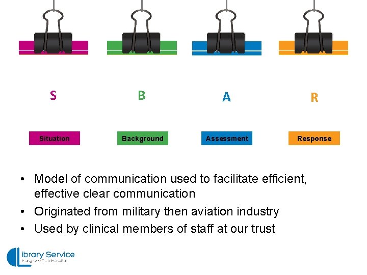S B A R Situation Background Assessment Response • Model of communication used to
