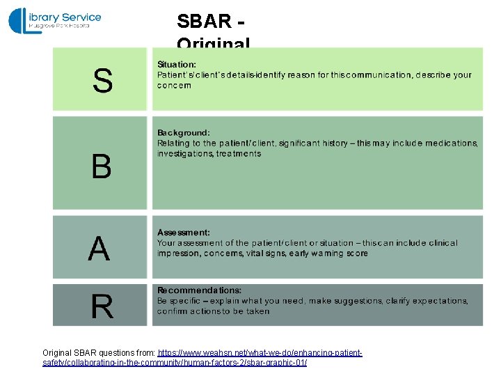 SBAR Original SBAR questions from: https: //www. weahsn. net/what-we-do/enhancing-patientsafety/collaborating-in-the-community/human-factors-2/sbar-graphic-01/ 