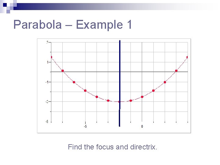 Parabola – Example 1 Find the focus and directrix. Parabola – Example 1 Find the focus and directrix.