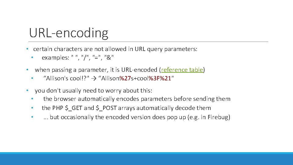URL-encoding • certain characters are not allowed in URL query parameters: • examples: "