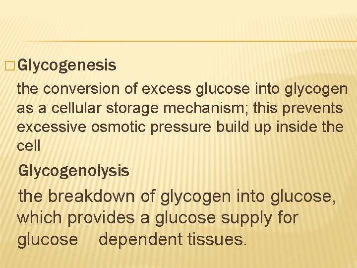 � Glycogenesis the conversion of excess glucose into glycogen as a cellular storage mechanism;