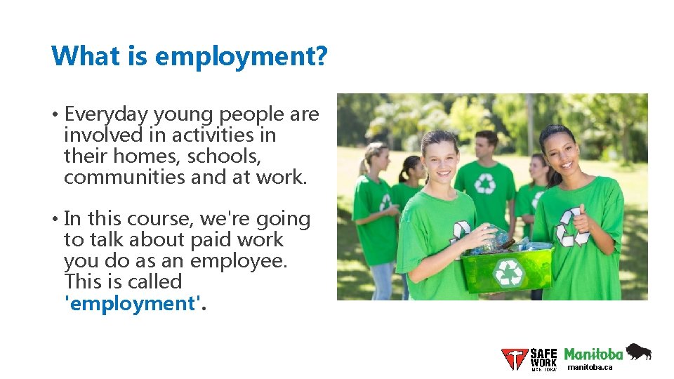 What is employment? • Everyday young people are involved in activities in their homes,