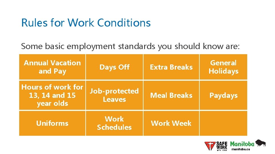 Rules for Work Conditions Some basic employment standards you should know are: Annual Vacation