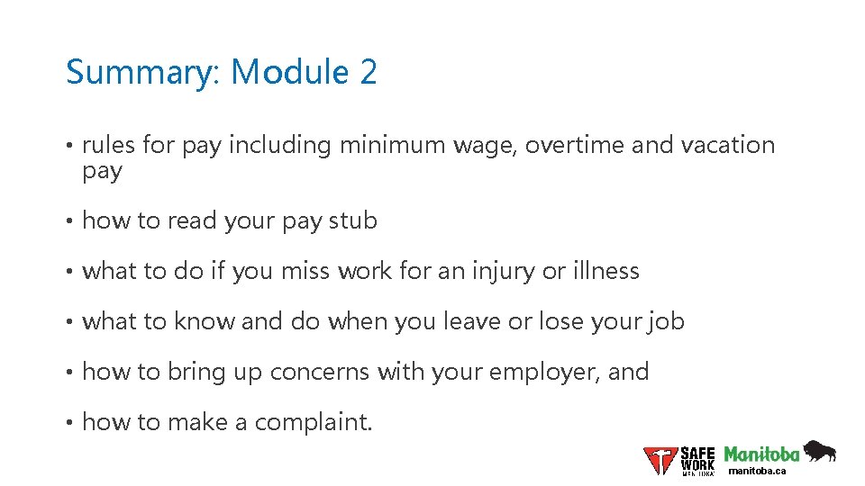 Summary: Module 2 • rules for pay including minimum wage, overtime and vacation pay