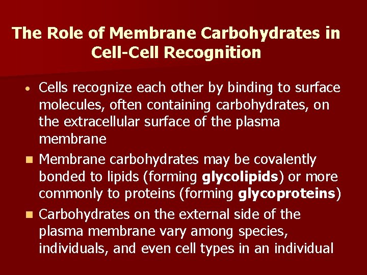 The Role of Membrane Carbohydrates in Cell-Cell Recognition Cells recognize each other by binding