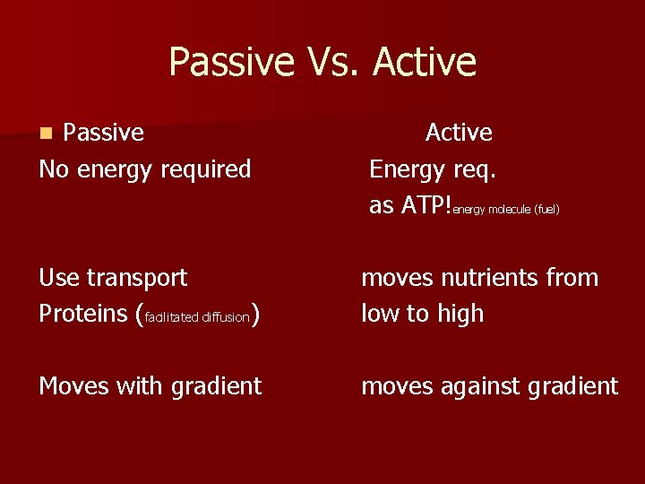 Passive Vs. Active Passive No energy required n Active Energy req. as ATP!energy molecule