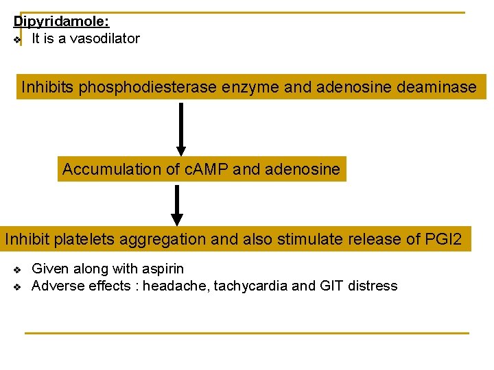Dipyridamole: v It is a vasodilator Inhibits phosphodiesterase enzyme and adenosine deaminase Accumulation of