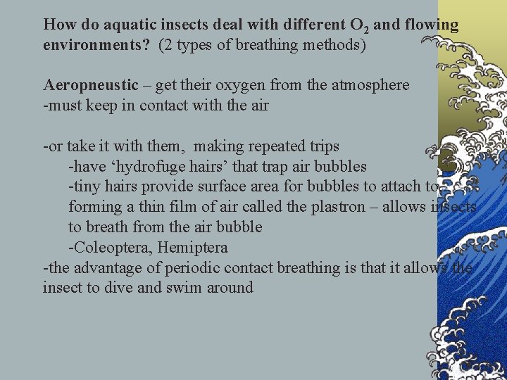 How do aquatic insects deal with different O 2 and flowing environments? (2 types