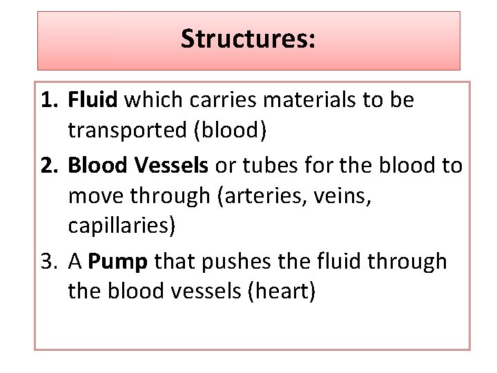 Structures: 1. Fluid which carries materials to be transported (blood) 2. Blood Vessels or