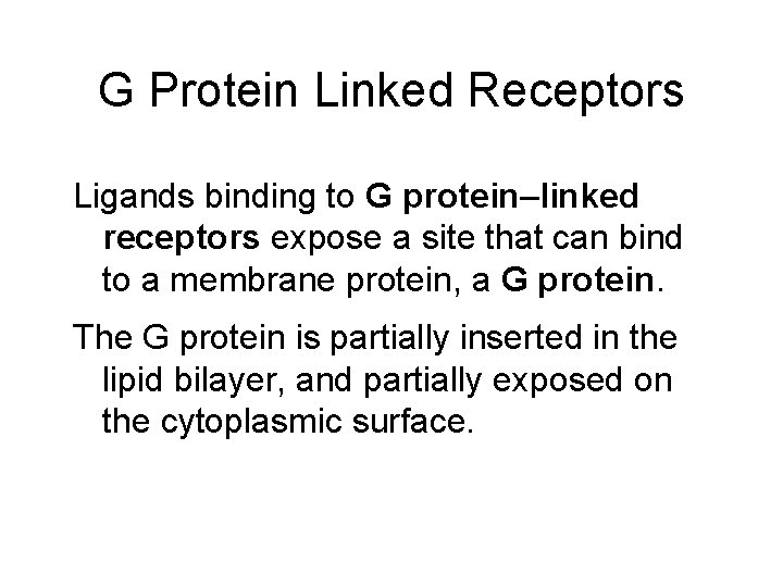 G Protein Linked Receptors Ligands binding to G protein–linked receptors expose a site that