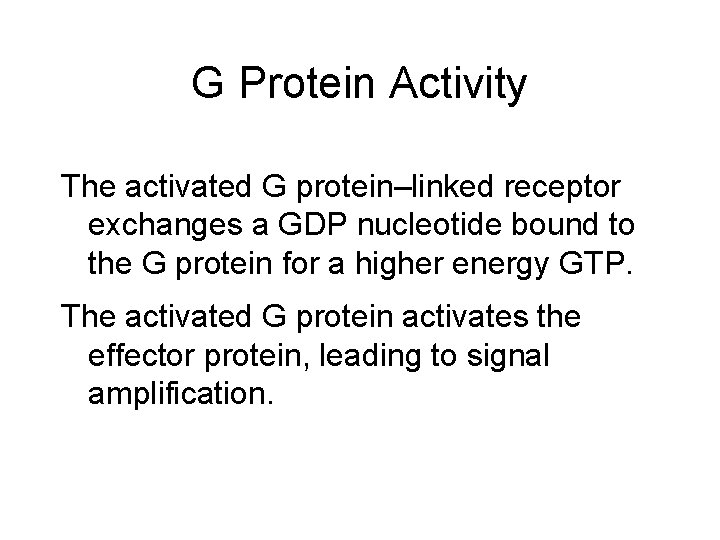 G Protein Activity The activated G protein–linked receptor exchanges a GDP nucleotide bound to