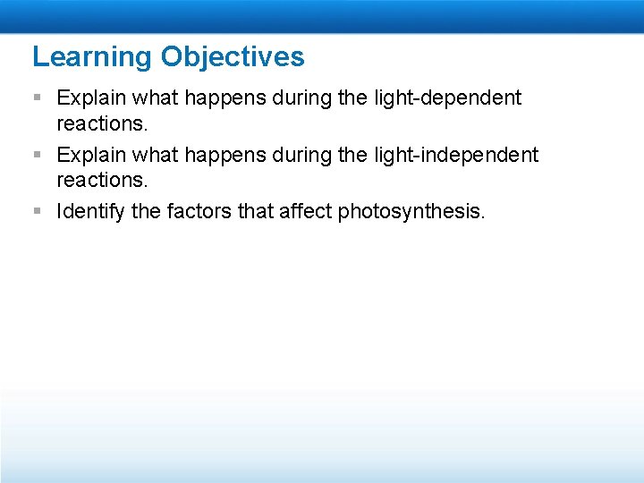Learning Objectives § Explain what happens during the light-dependent reactions. § Explain what happens