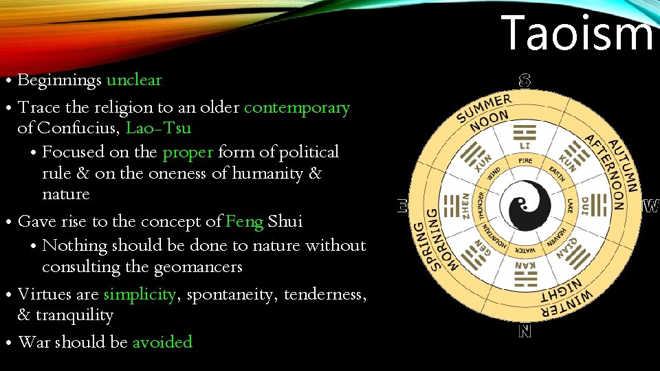 Taoism • Beginnings unclear • Trace the religion to an older contemporary of Confucius, Taoism • Beginnings unclear • Trace the religion to an older contemporary of Confucius,