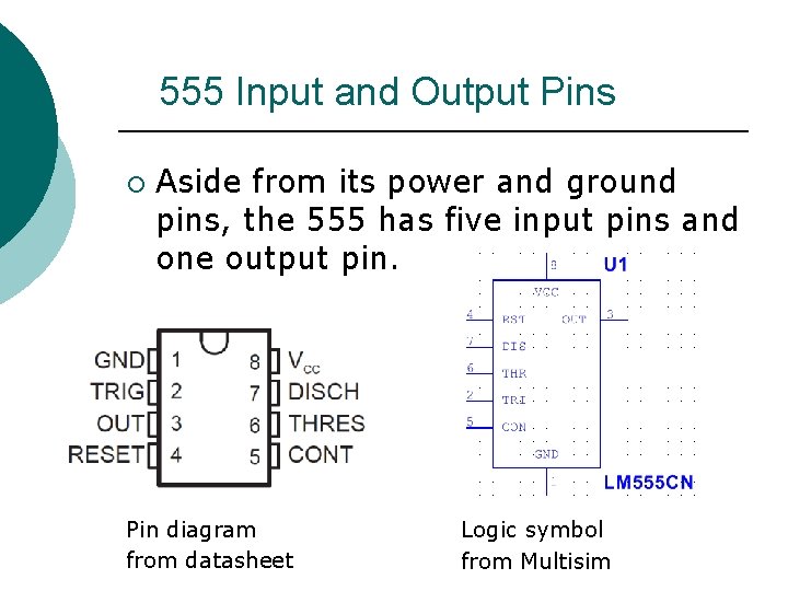 555 Input and Output Pins ¡ Aside from its power and ground pins, the