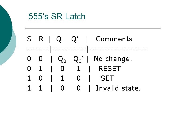 555’s SR Latch S R | Q Q’ | Comments -------|-----------0 0 | Q