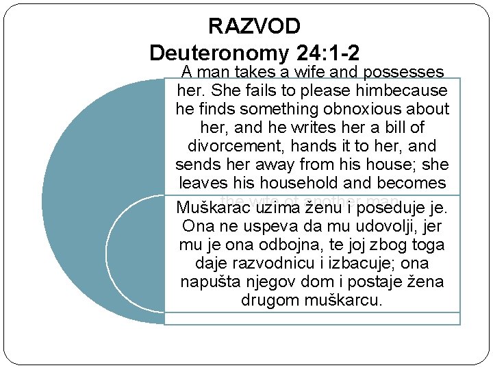 RAZVOD Deuteronomy 24: 1 -2 A man takes a wife and possesses her. She