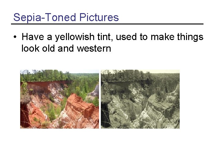 Sepia-Toned Pictures • Have a yellowish tint, used to make things look old and