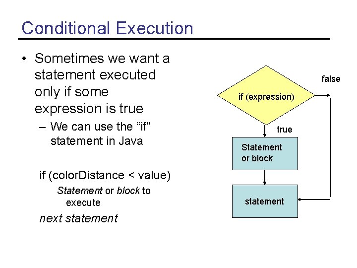 Conditional Execution • Sometimes we want a statement executed only if some expression is