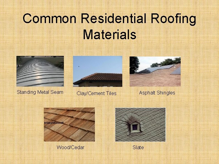 Common Residential Roofing Materials Standing Metal Seam Clay/Cement Tiles Asphalt Shingles Istockphoto. com® Wood/Cedar