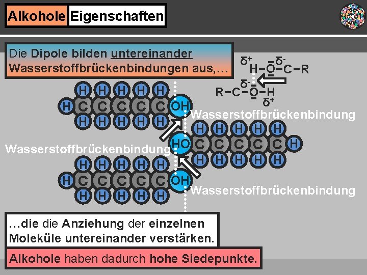 Alkohole Eigenschaften Die Dipole bilden untereinander δ+ δWasserstoffbrückenbindungen aus, … C R δH H