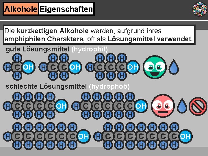 Alkohole Eigenschaften Die kurzkettigen Alkohole werden, aufgrund ihres amphiphilen Charakters, oft als Lösungsmittel verwendet.