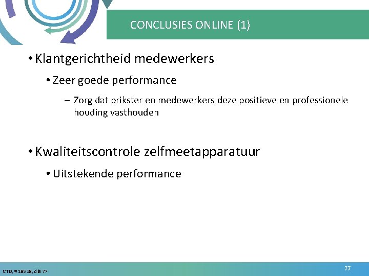 CONCLUSIES ONLINE (1) • Klantgerichtheid medewerkers • Zeer goede performance – Zorg dat prikster
