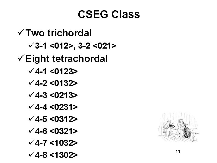 CSEG Class Two trichordal 3 -1 <012>, 3 -2 <021> Eight tetrachordal 4 -1