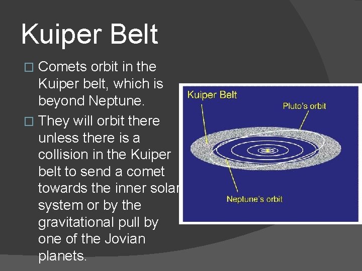 Kuiper Belt Comets orbit in the Kuiper belt, which is beyond Neptune. � They