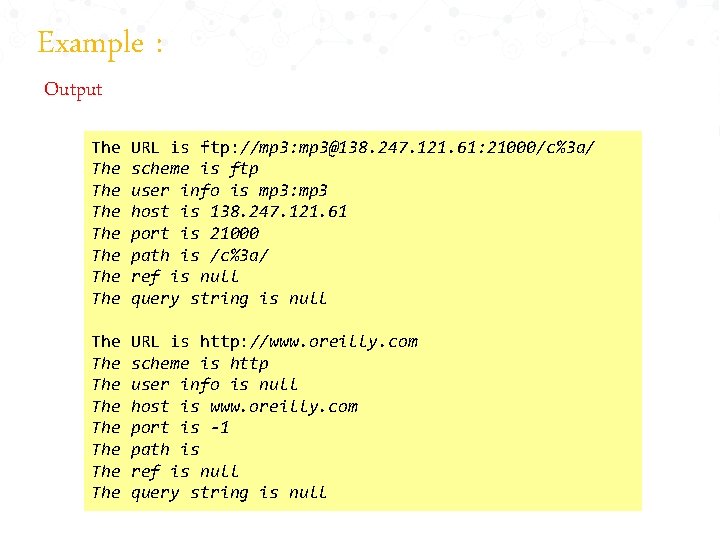 Example : Output The The URL is ftp: //mp 3: mp 3@138. 247. 121.