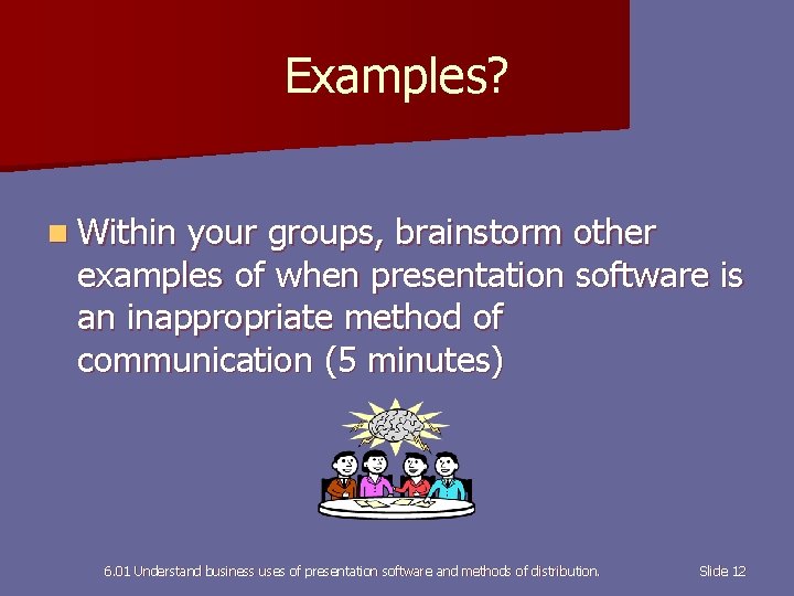 Examples? n Within your groups, brainstorm other examples of when presentation software is an
