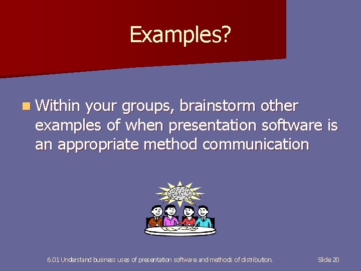 Examples? n Within your groups, brainstorm other examples of when presentation software is an