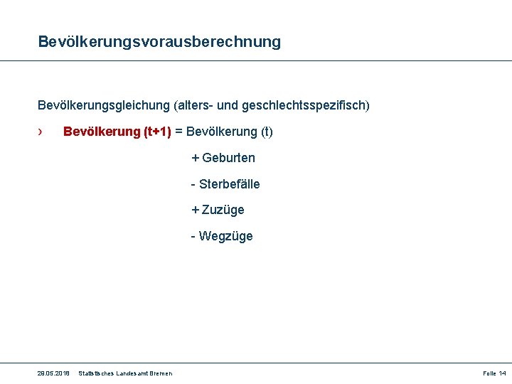 Bevölkerungsvorausberechnung Bevölkerungsgleichung (alters- und geschlechtsspezifisch) › Bevölkerung (t+1) = Bevölkerung (t) + Geburten -