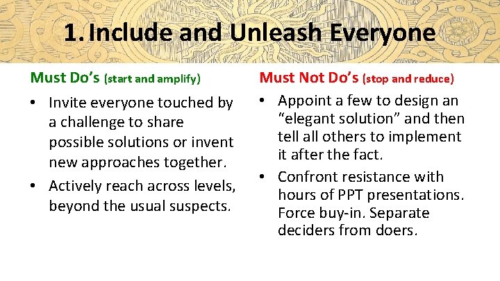 1. Include and Unleash Everyone Must Do’s (start and amplify) • Invite everyone touched