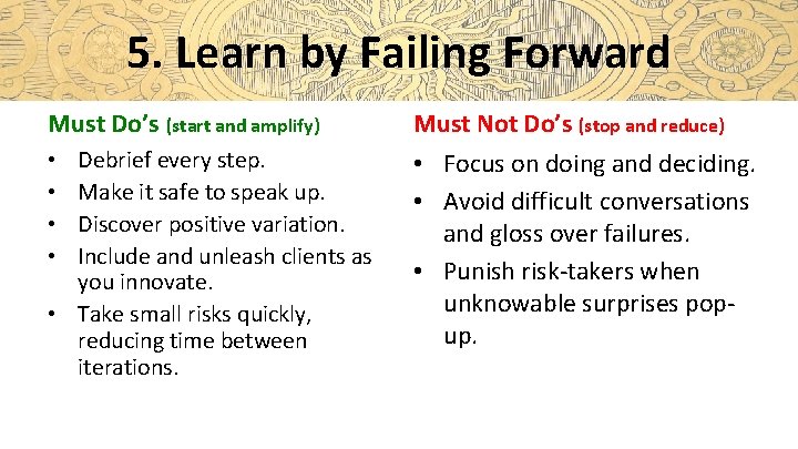 5. Learn by Failing Forward Must Do’s (start and amplify) Debrief every step. Make