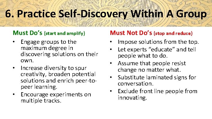 6. Practice Self-Discovery Within A Group Must Do’s (start and amplify) Must Not Do’s