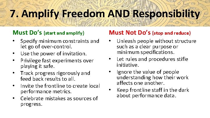 7. Amplify Freedom AND Responsibility Must Do’s (start and amplify) Must Not Do’s (stop