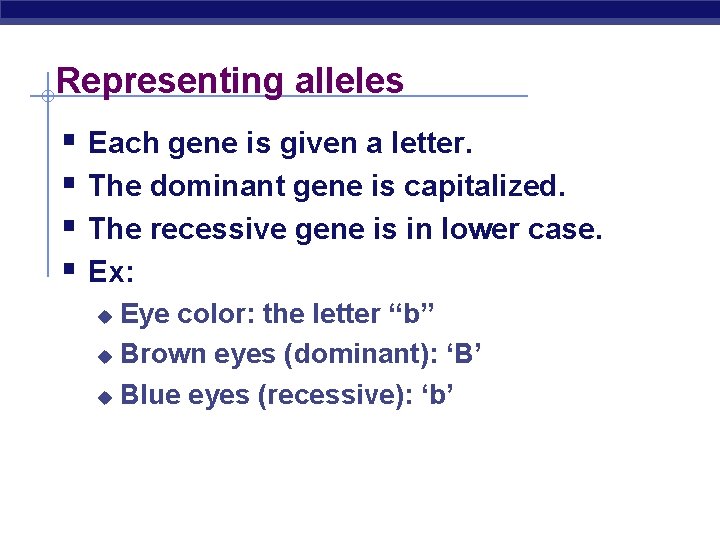 Representing alleles § Each gene is given a letter. § The dominant gene is