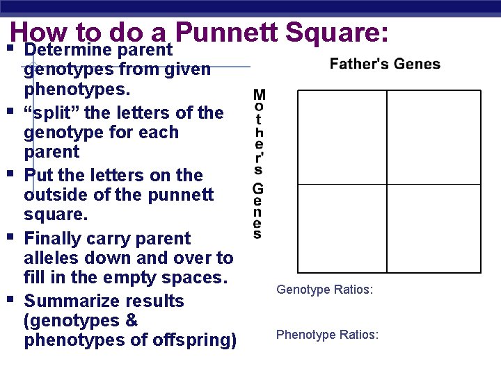 How to do a Punnett Square: § Determine parent § § genotypes from given