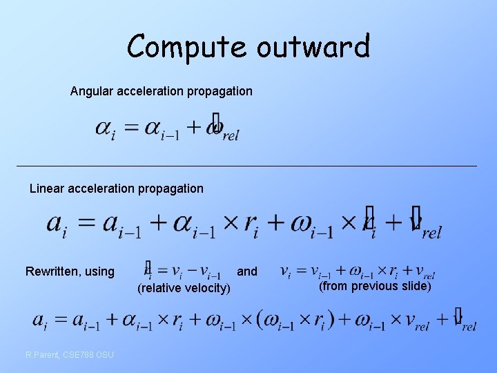 Compute outward Angular acceleration propagation Linear acceleration propagation Rewritten, using and (relative velocity) R.