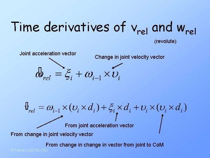 Time derivatives of vrel and wrel (revolute) Joint acceleration vector Change in joint velocity