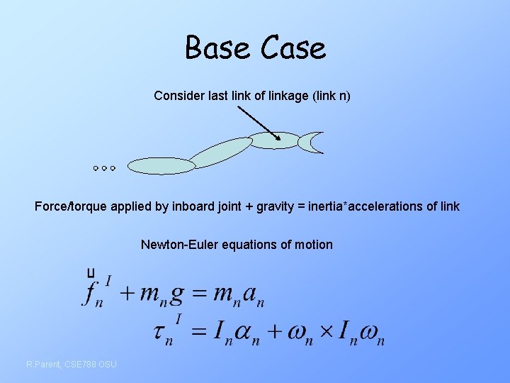 Base Consider last link of linkage (link n) Force/torque applied by inboard joint +