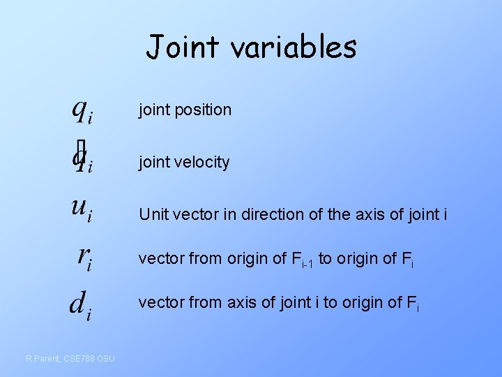 Joint variables joint position joint velocity Unit vector in direction of the axis of