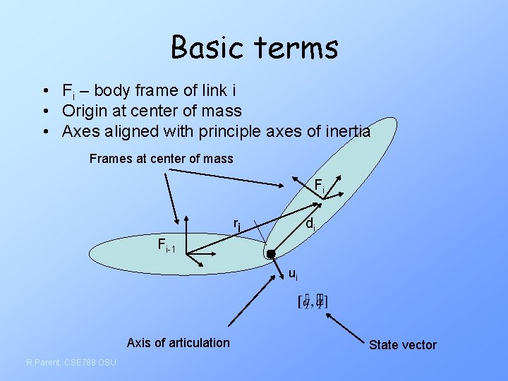 Basic terms • Fi – body frame of link i • Origin at center