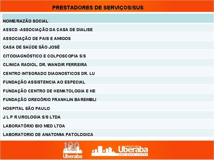 PRESTADORES DE SERVIÇOS/SUS NOME/RAZÃO SOCIAL ASSCD -ASSOCIAÇÃO DA CASA DE DIALISE ASSOCIAÇÃO DE PAIS