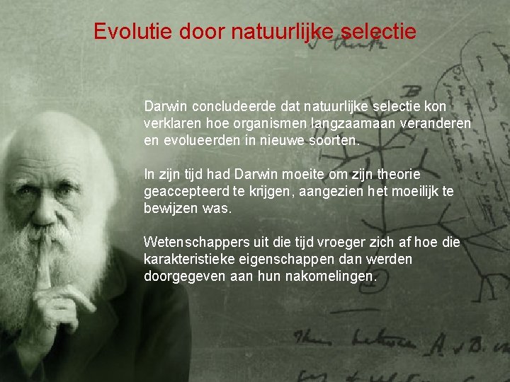 Evolutie door natuurlijke selectie Darwin concludeerde dat natuurlijke selectie kon verklaren hoe organismen langzaamaan