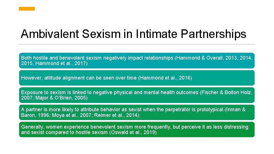 Ambivalent Sexism in Intimate Partnerships Both hostile and benevolent sexism negatively impact relationships (Hammond