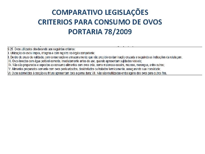 COMPARATIVO LEGISLAÇÕES CRITERIOS PARA CONSUMO DE OVOS PORTARIA 78/2009 COMPARATIVO LEGISLAÇÕES CRITERIOS PARA CONSUMO DE OVOS PORTARIA 78/2009