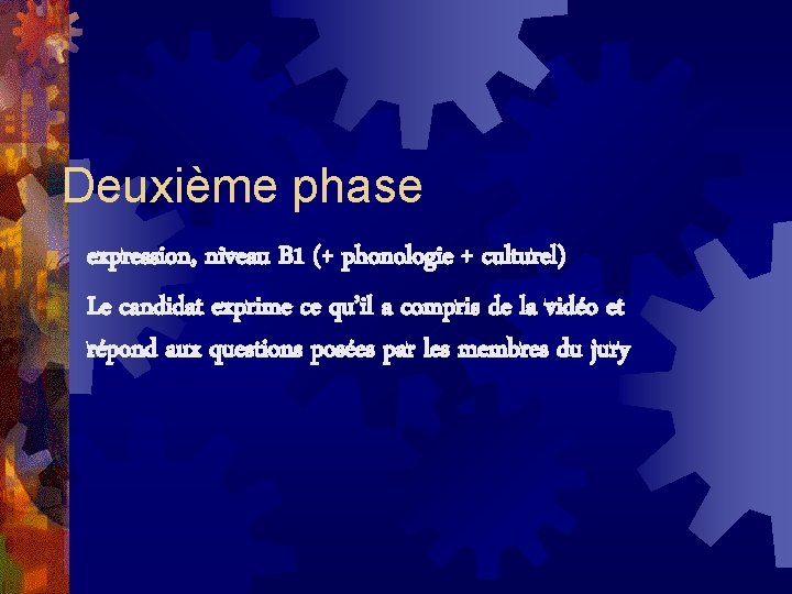 Deuxième phase expression, niveau B 1 (+ phonologie + culturel) Le candidat exprime ce