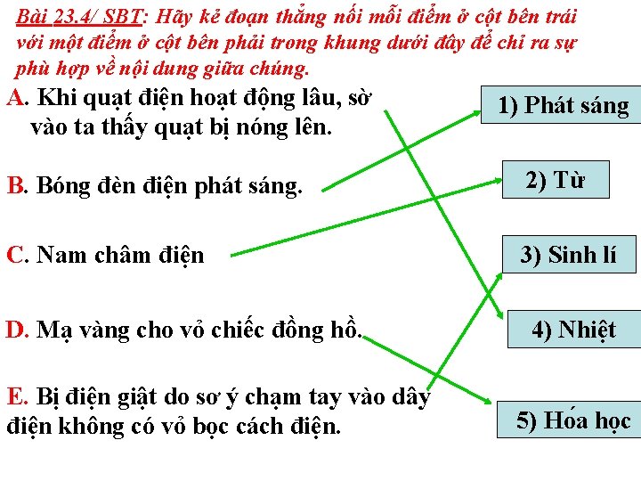 Bài 23. 4/ SBT: Hãy kẻ đoạn thẳng nối mỗi điểm ở cột bên