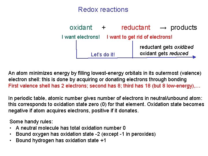 Redox reactions oxidant I want electrons! + reductant → products I want to get